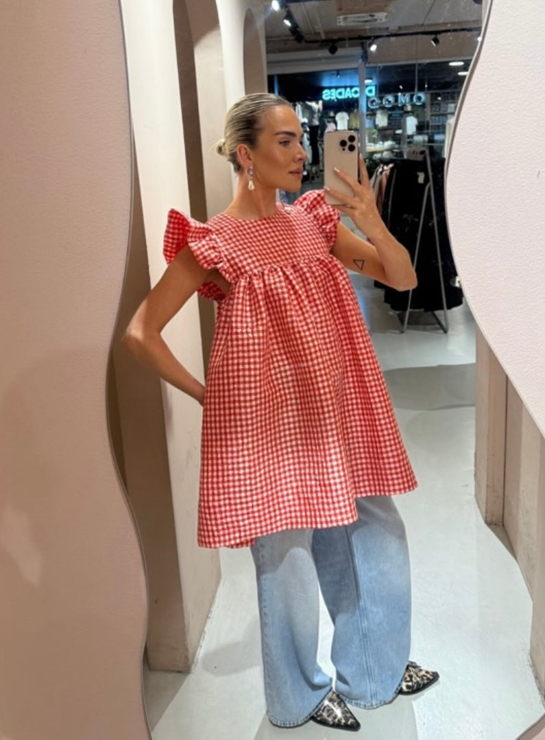 strapless open back dress Crinkled Taffeta Check Frill Mini Dress, Red Alert